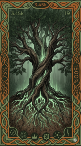 An illustrative map of a 'Rooted Empire' featuring an ancient Yew tree with glowing sage green roots and 6 business module symbols, representing the Wood Wide Web of creative reinvention.