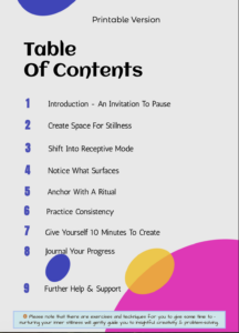 able of contents for the guide on how to use silence to kickstart your creativity.