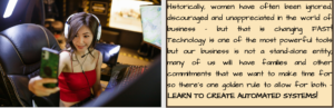 Woman entrepreneur using technology to build automated business systems, featuring Warrior Women Hope mission text about reclaiming time for family and commitments.