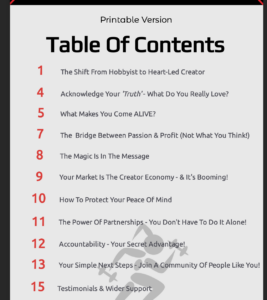 Image of 'From Idea to Income' digital guide's table of contents, showing chapters on Heart-Led Foundation, The Bridge to Profit, and Your Secret Advantage.