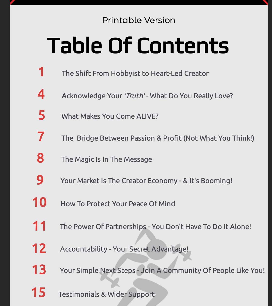 Image of 'From Idea to Income' digital guide's table of contents, showing chapters on Heart-Led Foundation, The Bridge to Profit, and Your Secret Advantage.