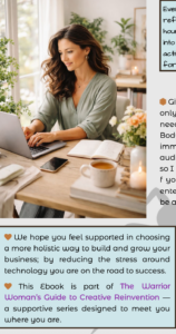 A woman working calmly at a laptop on a wooden desk with flowers and tea, representing a holistic way to build a business by reducing technology stress.
